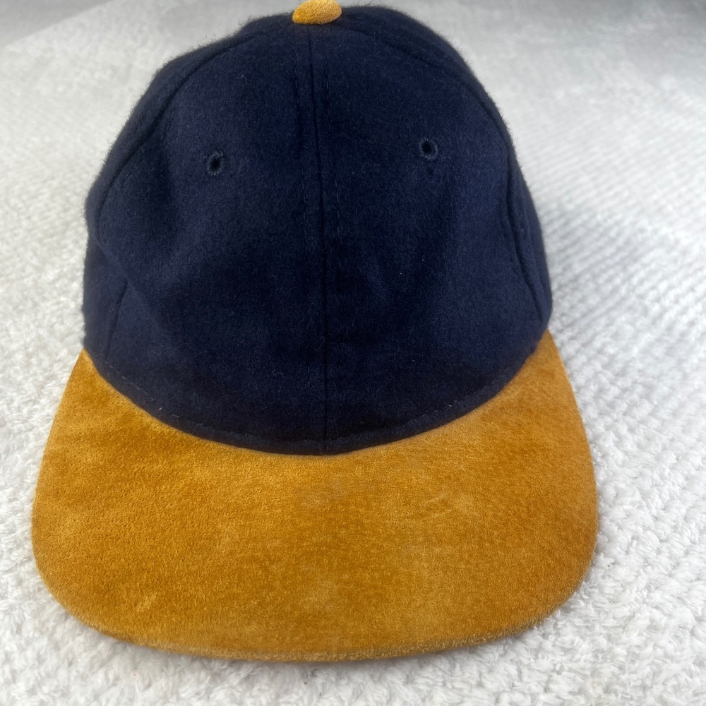 Vintage Kudzu Navy Wool Blend Hat Tan Suede Brim Leather Strapback Cap OSFA